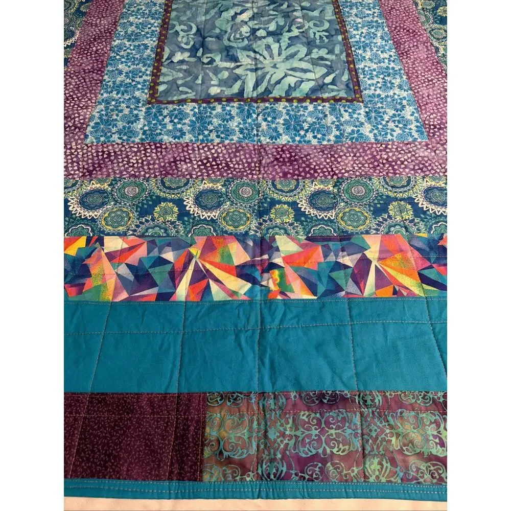 New Batik Lap Quilt Throw Blanket Handmade Machine Stitched Blue Green 58x58”
